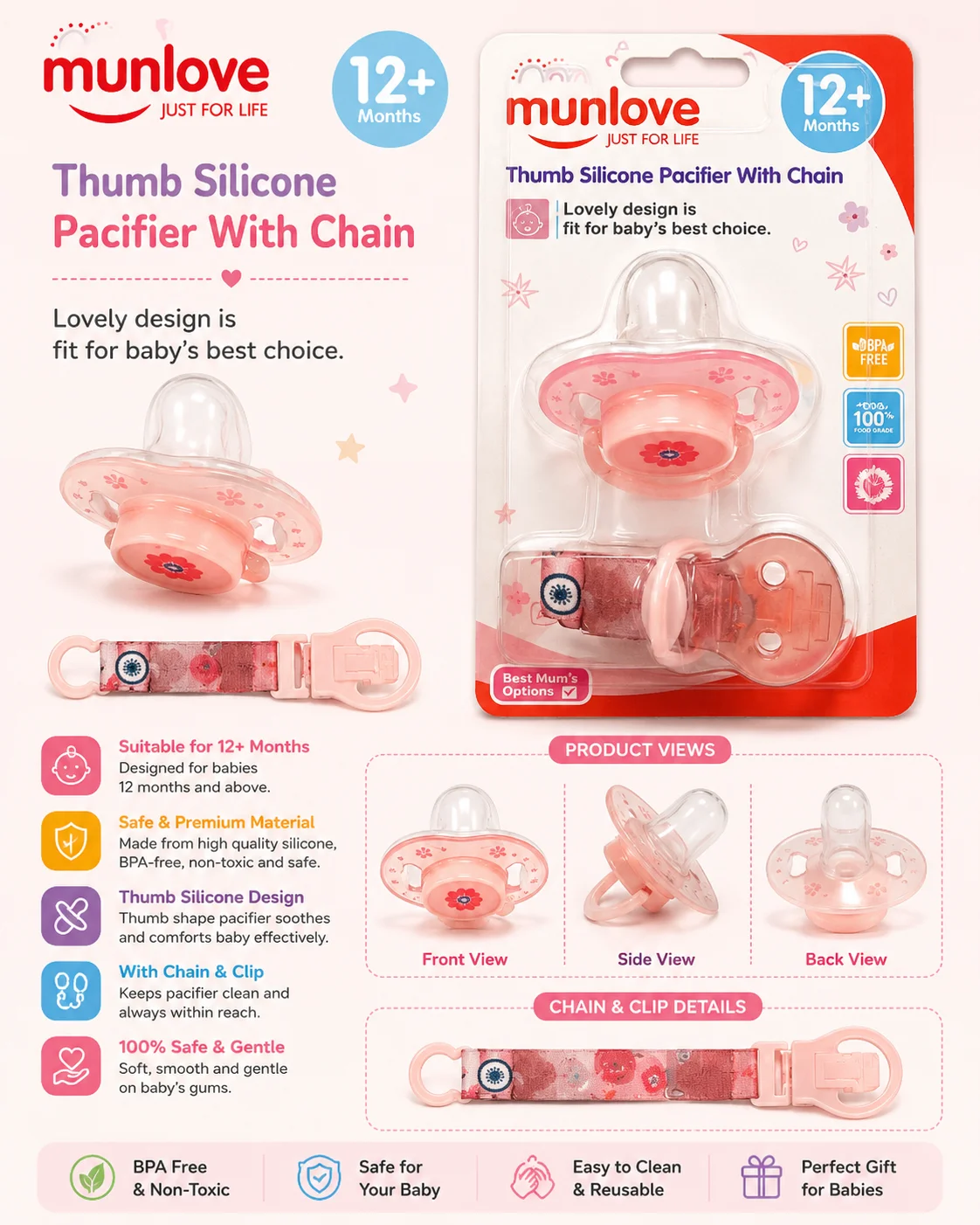 Mumlove 12+ Months Thumb Silicone Pacifier with Chain | BPA-Free Baby Soother
