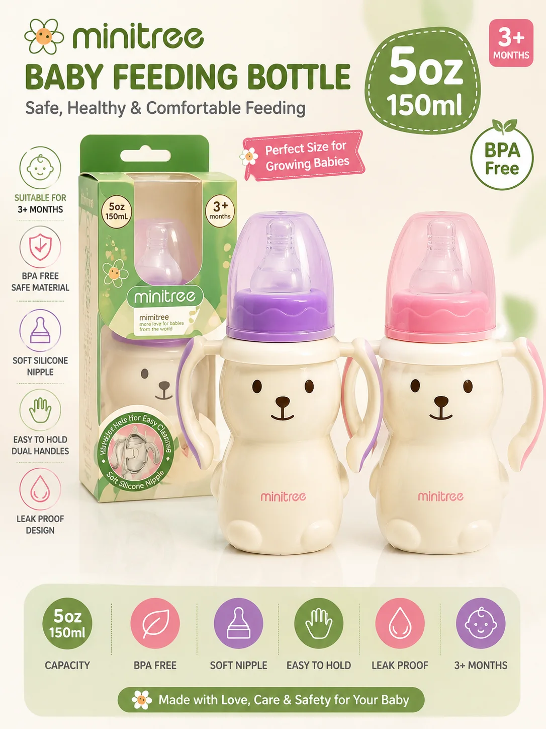 Minitree Baby Feeding Bottle 150ml (5oz) – BPA Free Bear Shape Baby Feeder with Soft Silicone Nipple