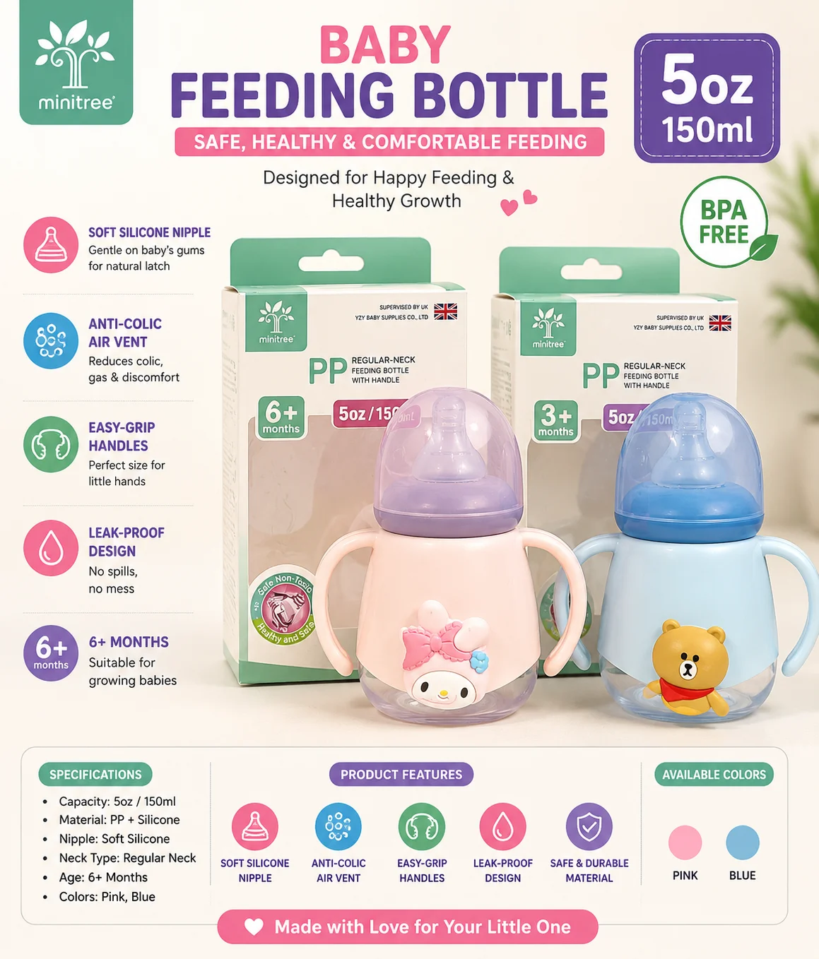 Minitree Baby Feeding Bottle 150ml (5oz) – BPA Free PP Bottle