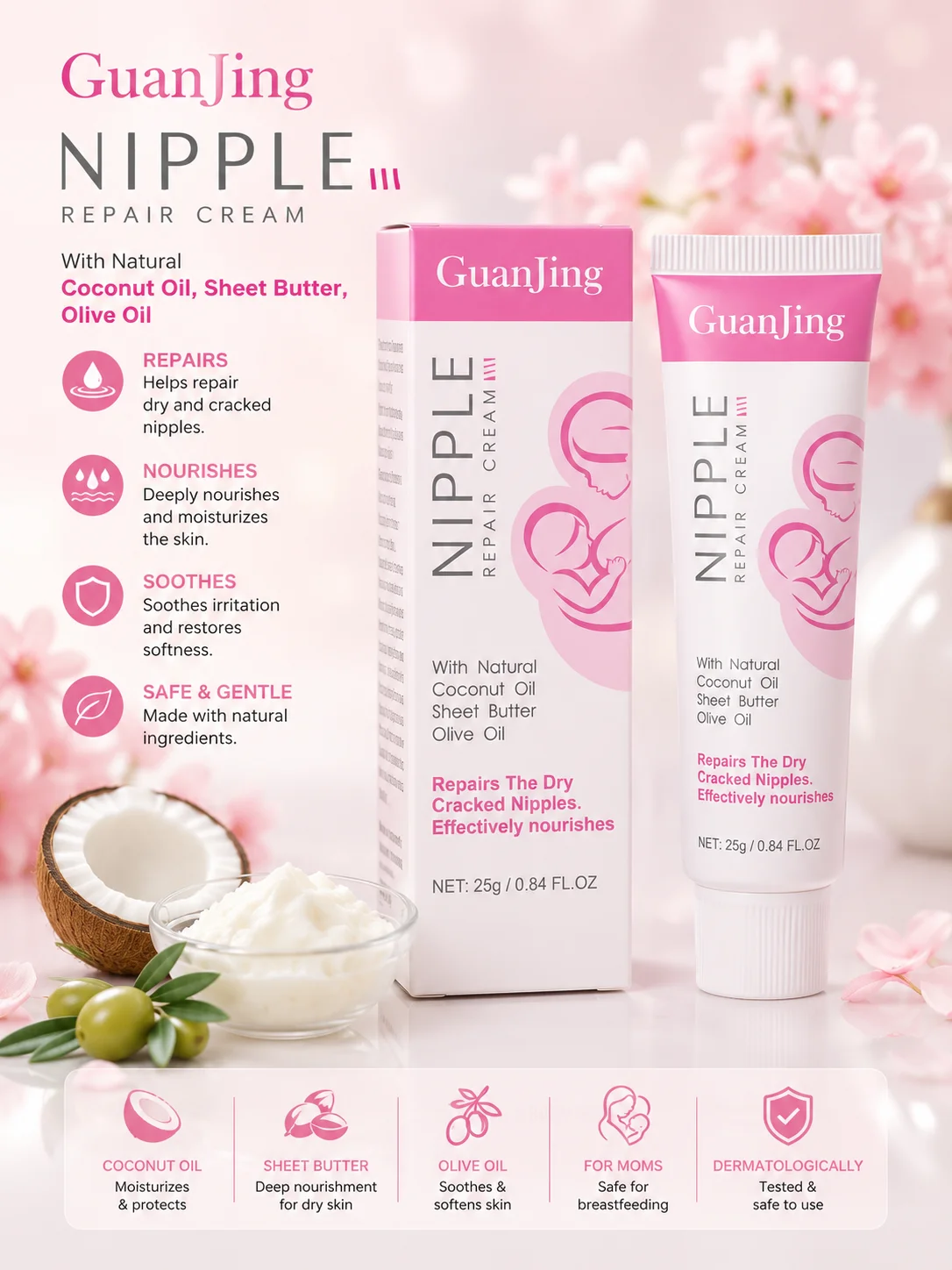 GuanJing Nipple Repair Cream with Coconut Oil, Shea Butter & Olive Oil – 25g