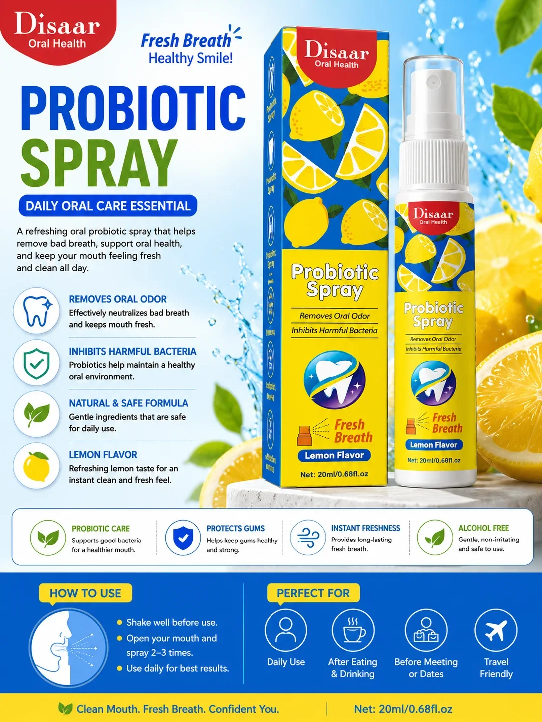 Disaar Probiotic Spray – Lemon Flavor Fresh Breath Oral Spray