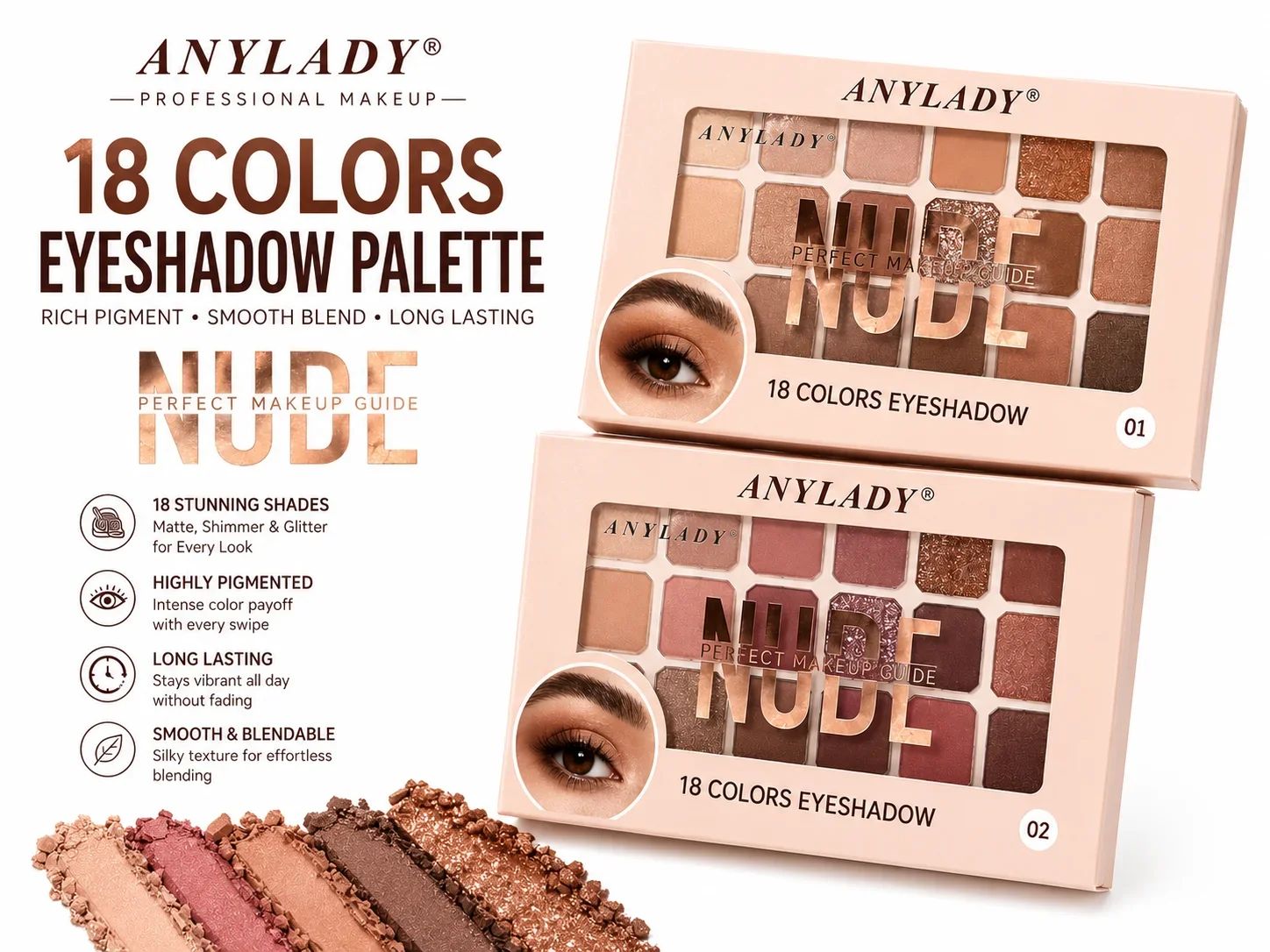 ANYLADY 01/02 Nude Professional Eyeshadow Palette – 18 Colors Makeup Kit