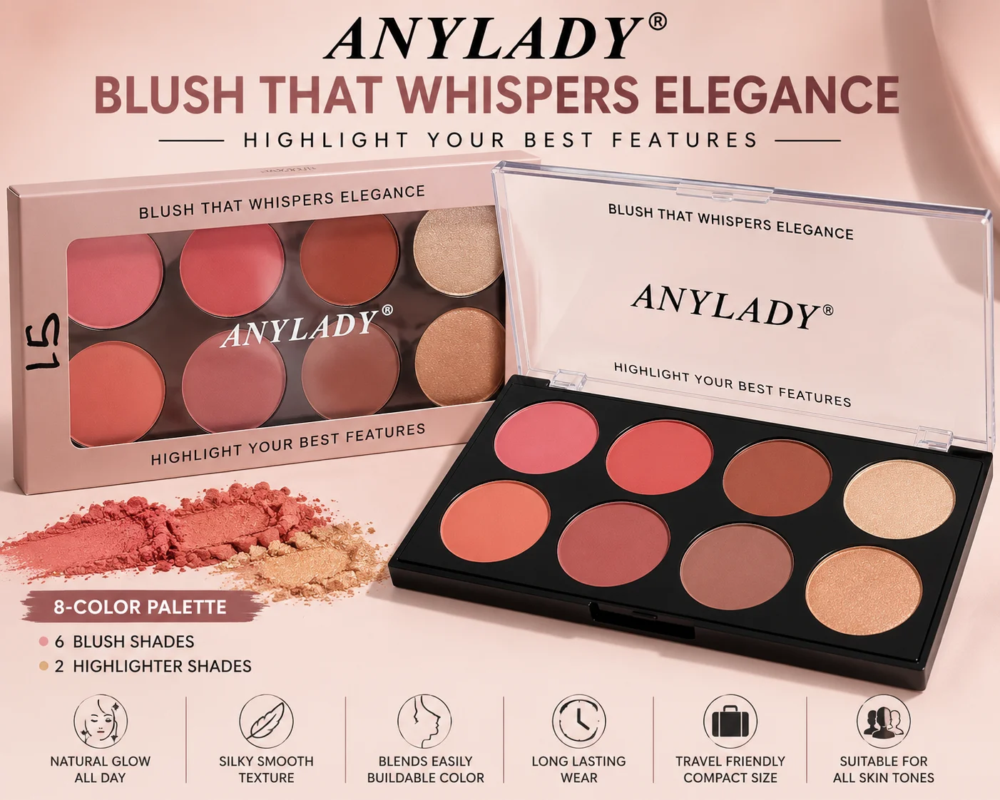 ANYLADY 8-Color Blush & Highlighter Palette – Professional Face Makeup Kit