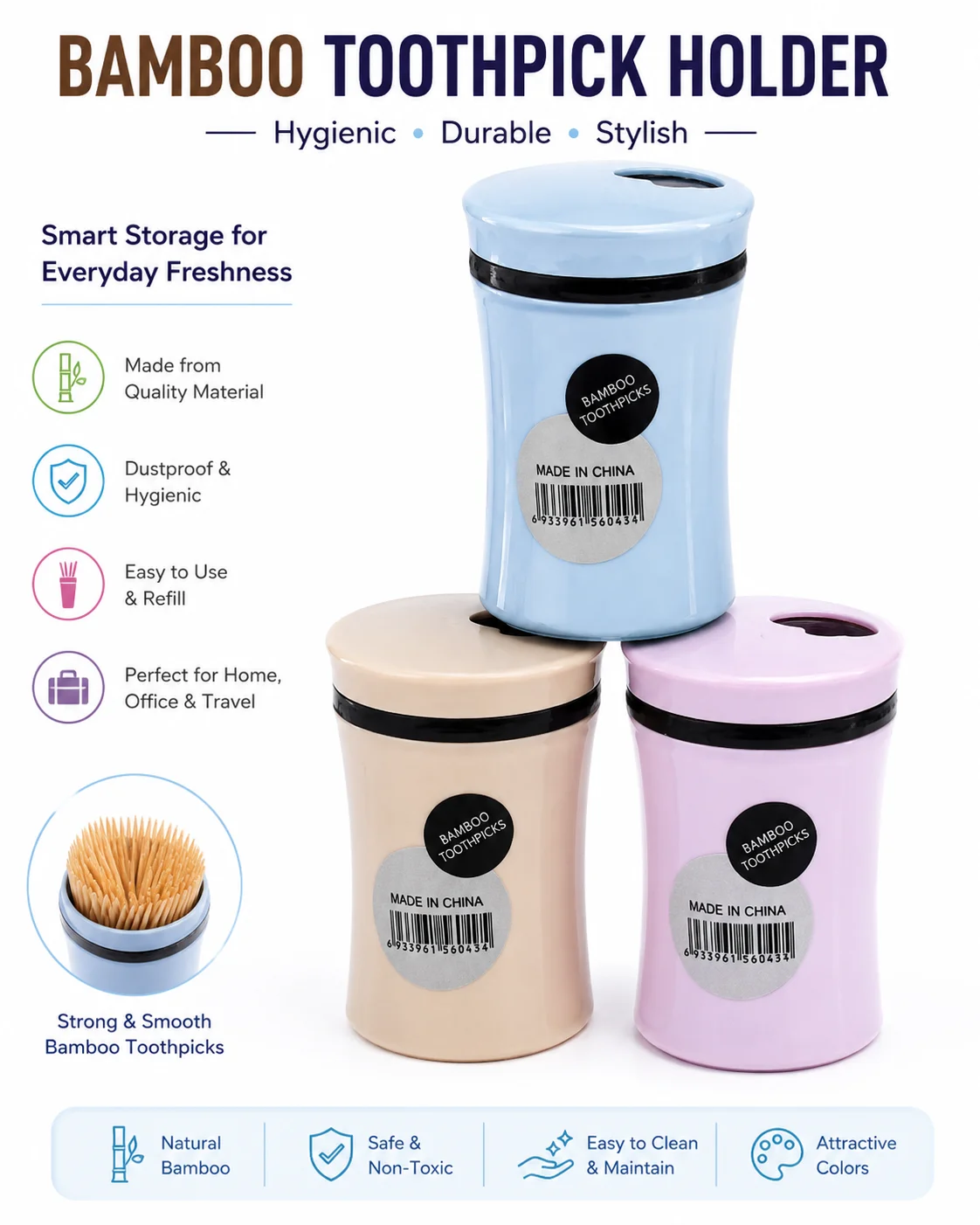 Premium Bamboo Toothpick Holder – Portable Hygienic Toothpick Dispenser