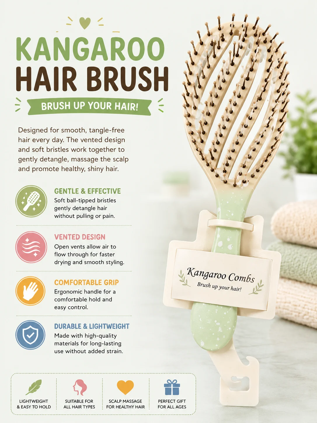 Kangaroo Vented Hair Brush – Lightweight Detangling & Fast Dry Styling Brush