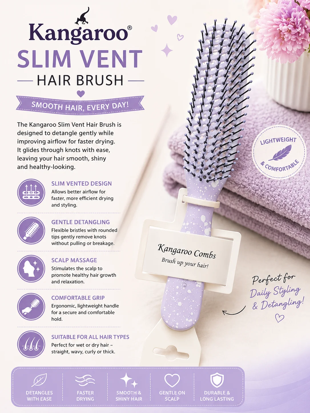 Kangaroo Slim Vent Hair Brush – Lightweight Detangling & Styling Brush