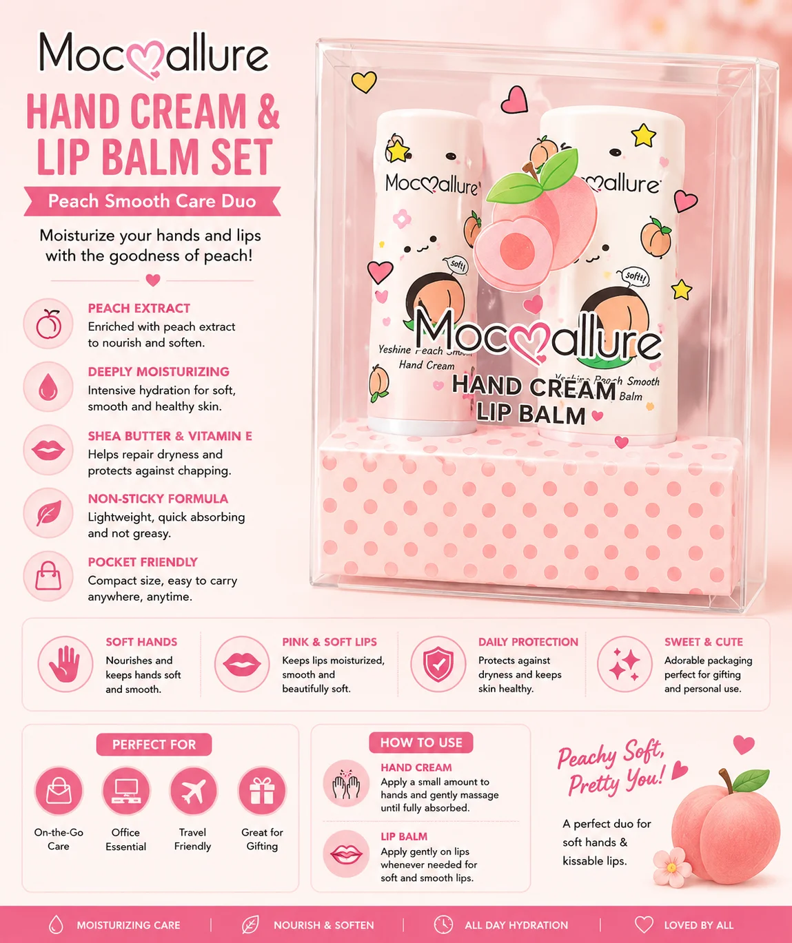 Mocallure Peach Hand Cream & Lip Balm Set – Moisturizing Duo Kit