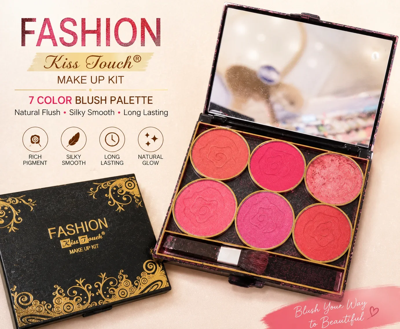 Fashion Kiss Touch Blush Palette – 7 Color Makeup Kit