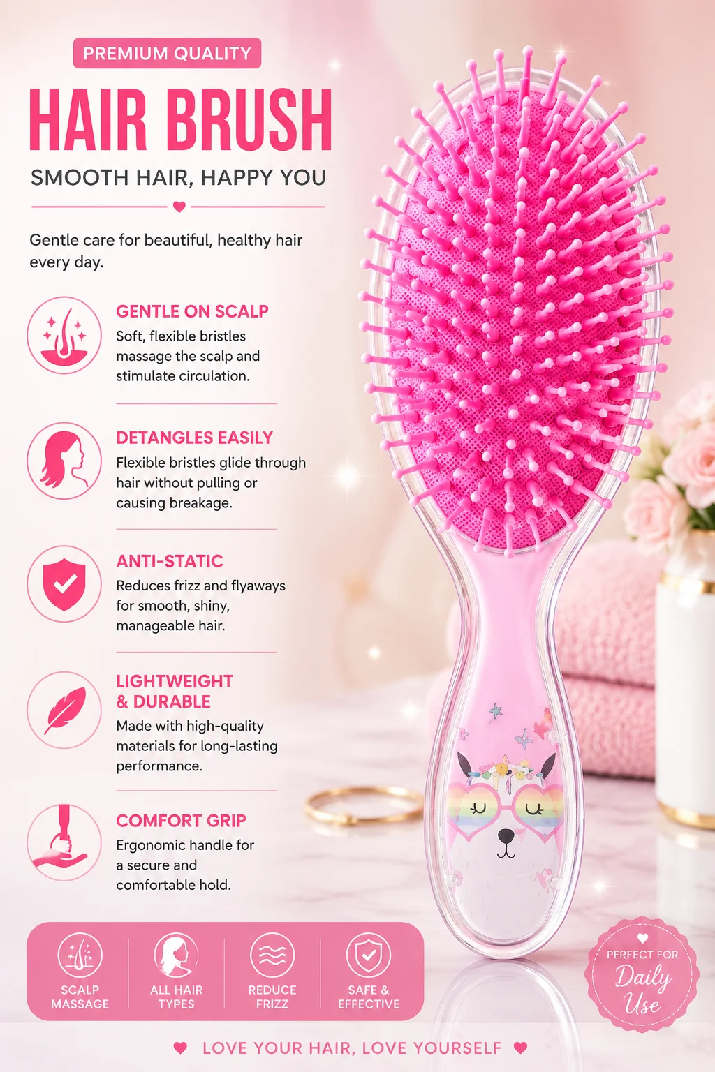 Cute Pink Detangling Hair Brush – Soft Scalp Massage & Anti-Frizz Brush