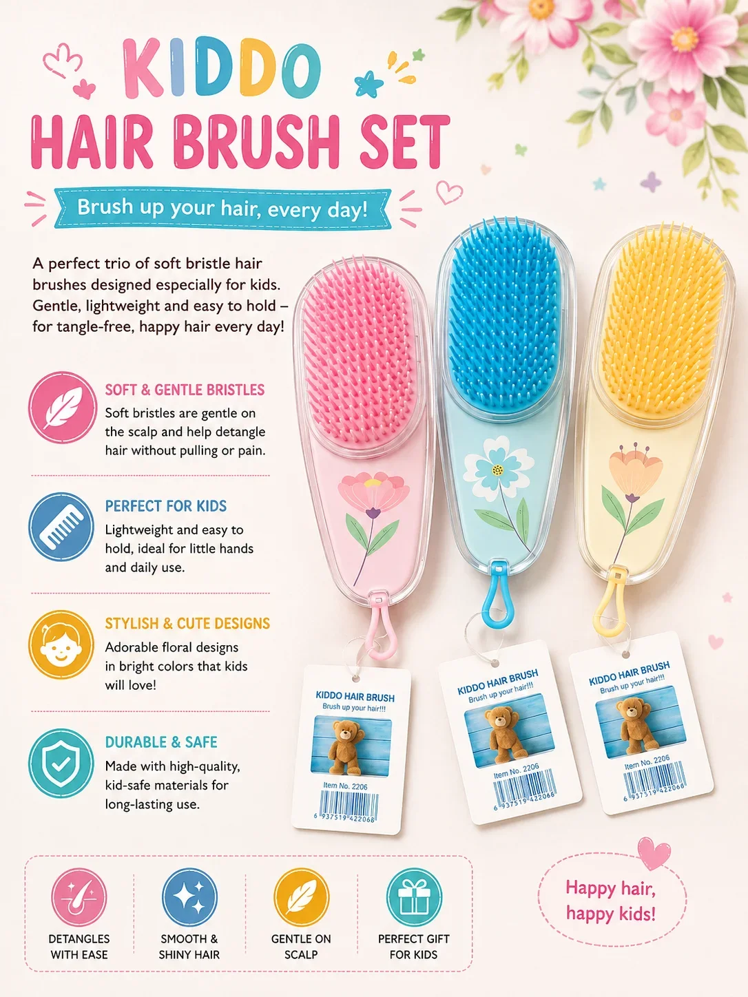 Kiddo Floral Hair Brush Set 2206 – Soft Bristle Detangling Brushes for Kids
