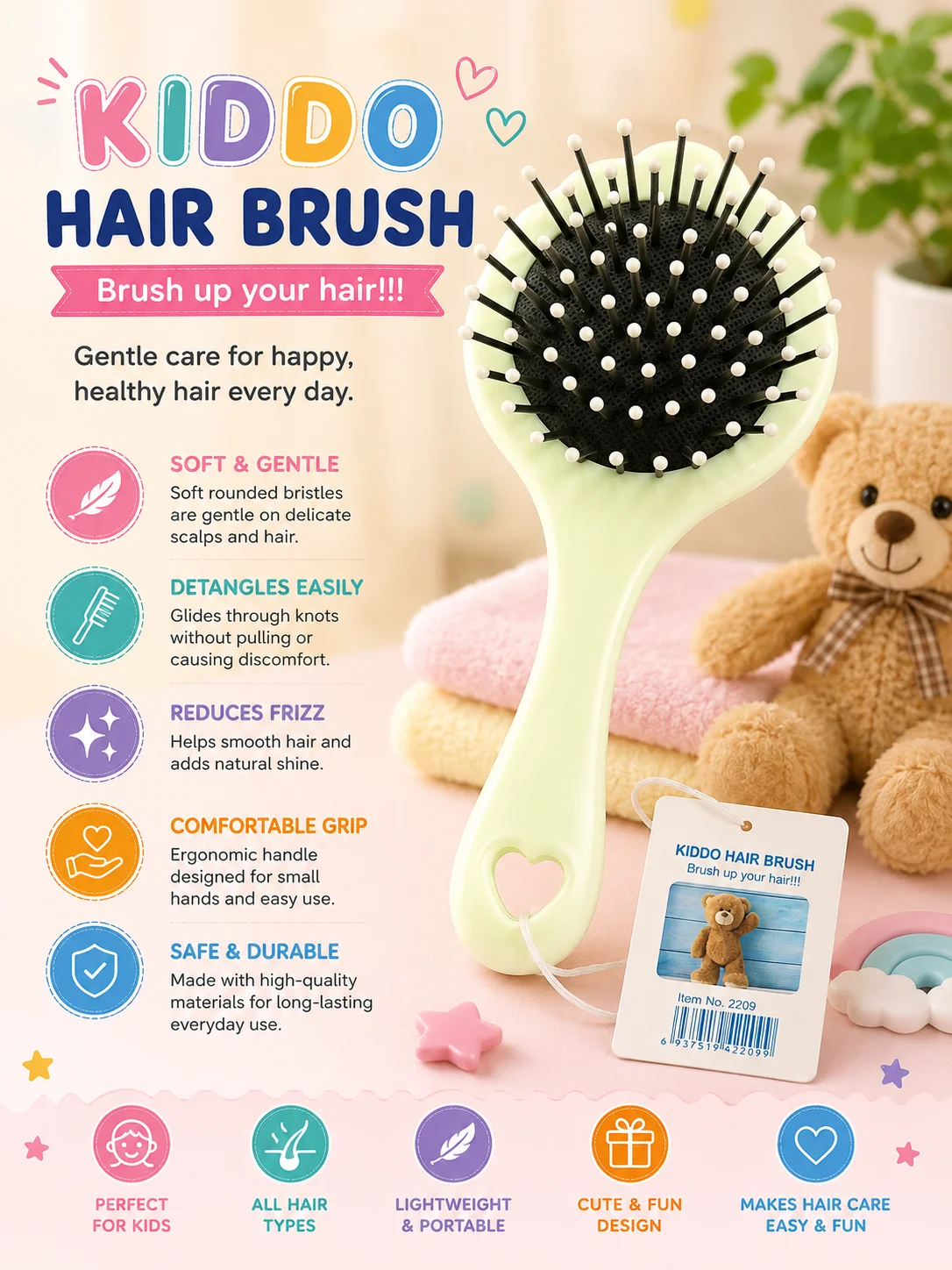 Kiddo Mini Hair Brush – Soft Detangling Hair Brush for Kids