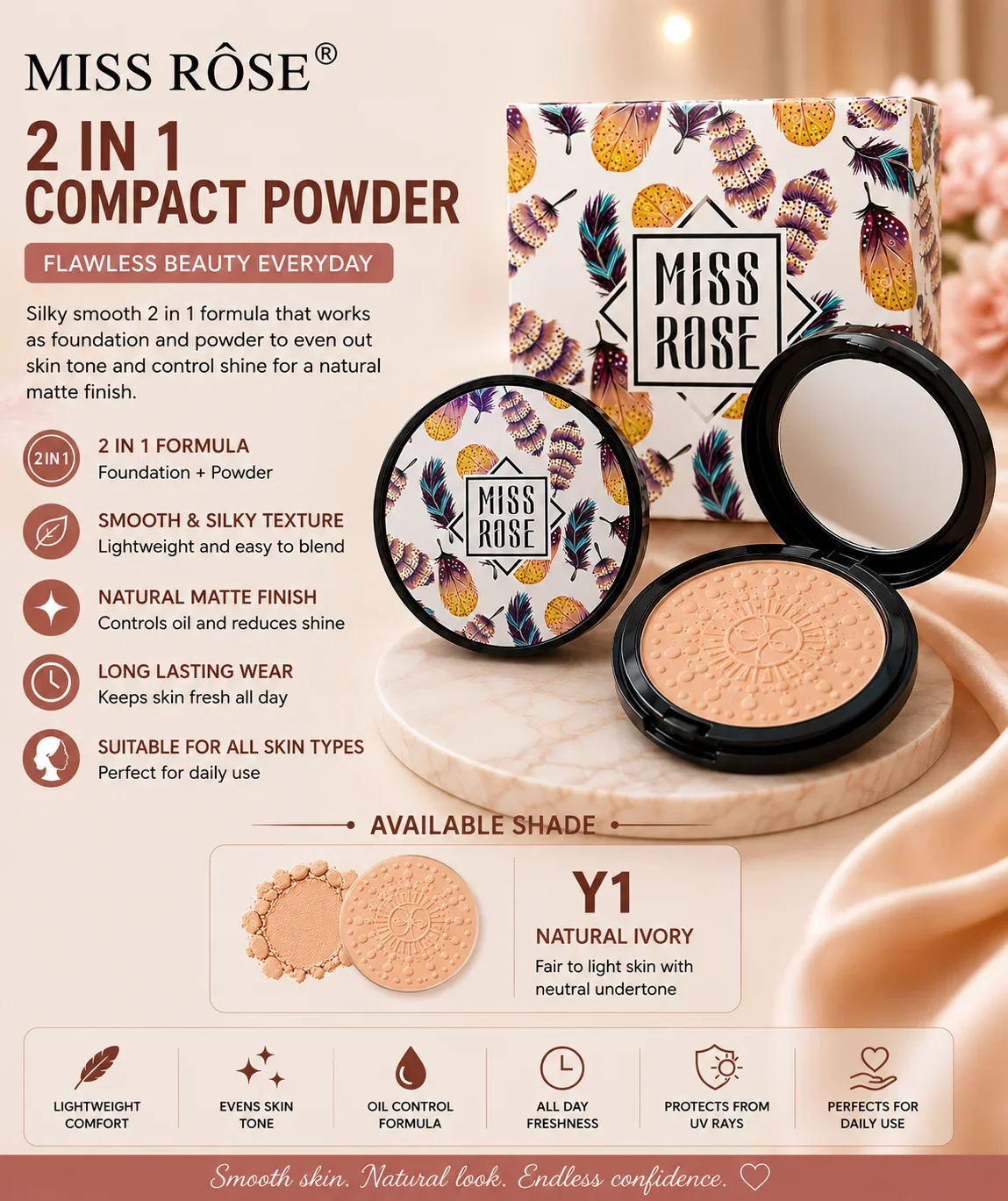 MISS RÔSE 2 In 1 Compact Powder – Y1 Natural Ivory