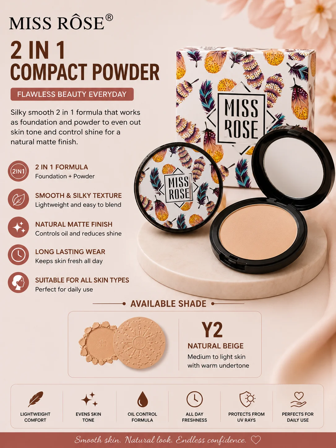 MISS RÔSE 2 In 1 Compact Powder – Y2 Natural Beige