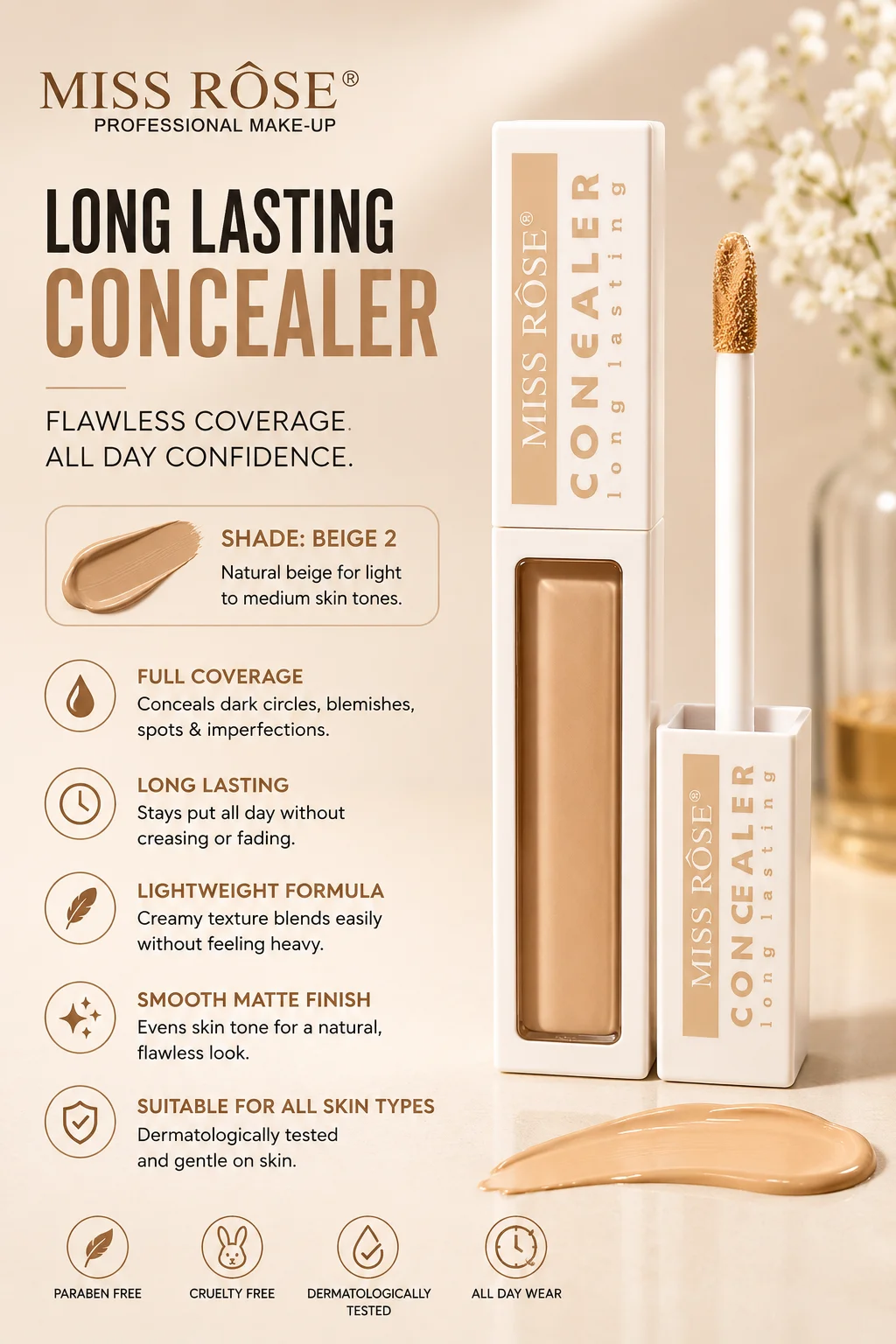 Miss Rose Long Lasting Concealer – Full Coverage Liquid Concealer Beige 2