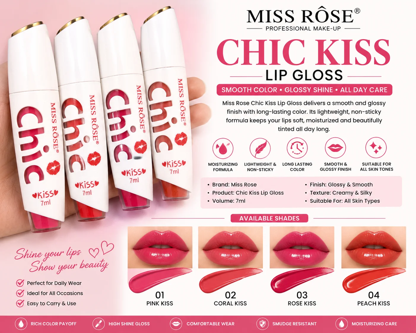 Miss Rose Chic Kiss Lip Gloss 7ml – Moisturizing & Long-Lasting Lip Color