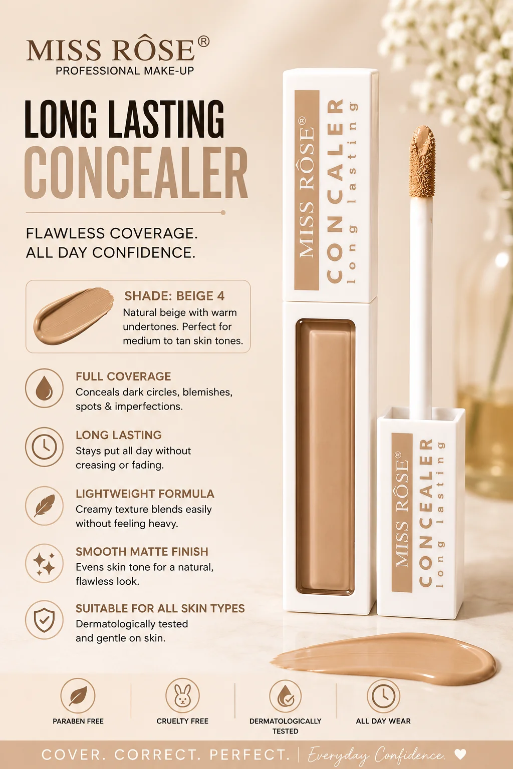 Miss Rose Long Lasting Concealer – Full Coverage Liquid Concealer Beige 4