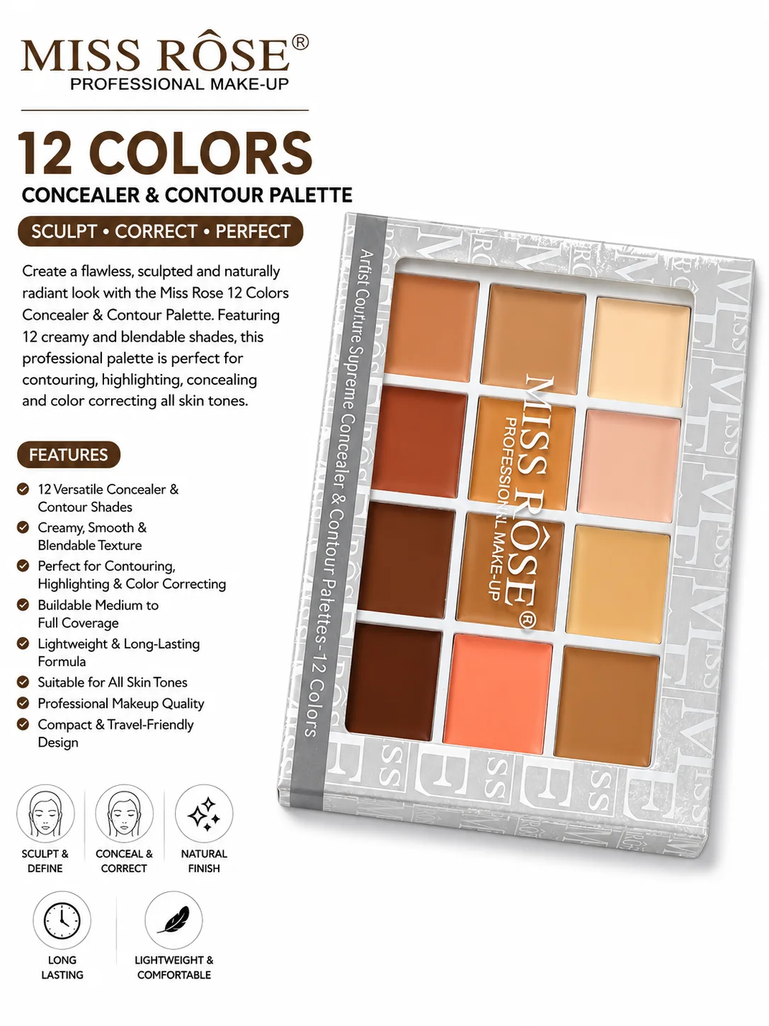Miss Rose 12 Colors Concealer & Contour Palette – Professional Makeup Kit