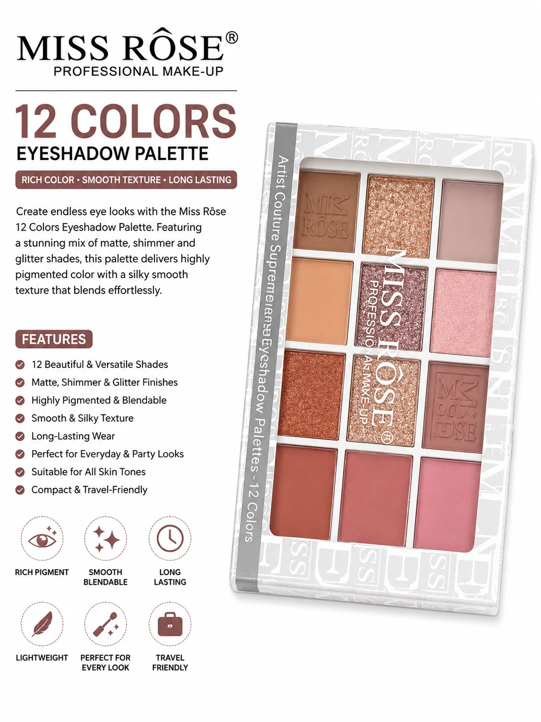 Miss Rose 12 Colors Eyeshadow Palette – Matte & Glitter Edition