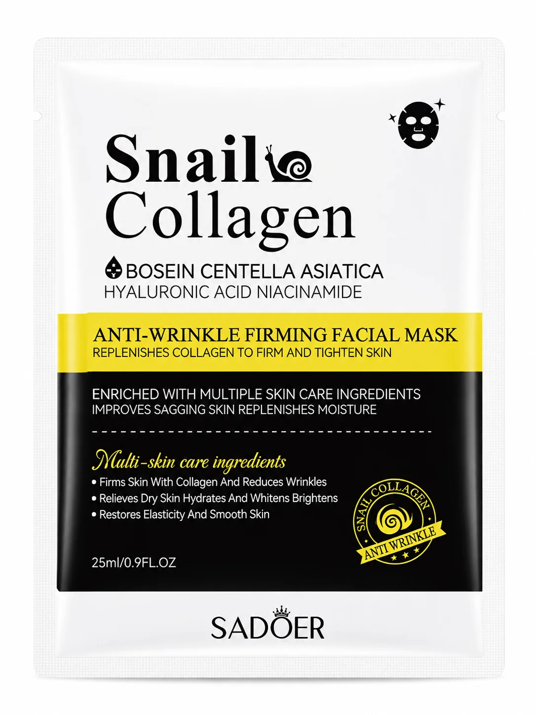 SADOER Snail Collagen Anti-Wrinkle Firming Facial Sheet Mask – Hydrating & Firming