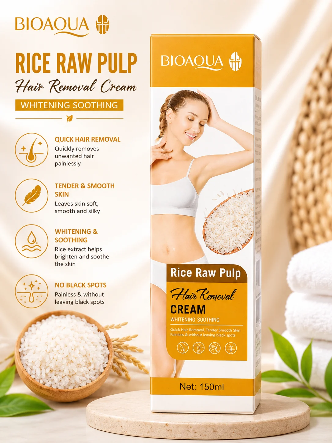 BIOAQUA Rice Raw Pulp Hair Removal Cream – Whitening & Soothing Formula | 150ml