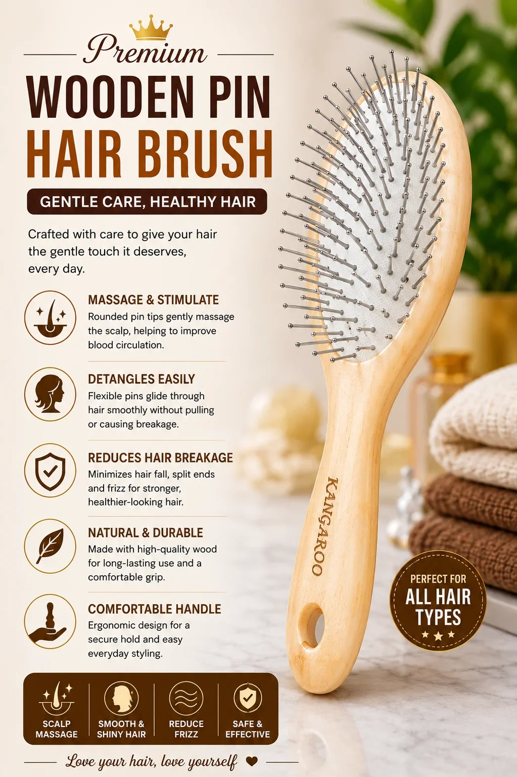 Wooden Finish Hair Brush 6002 – Gentle Scalp Massage & Anti-Frizz Brush