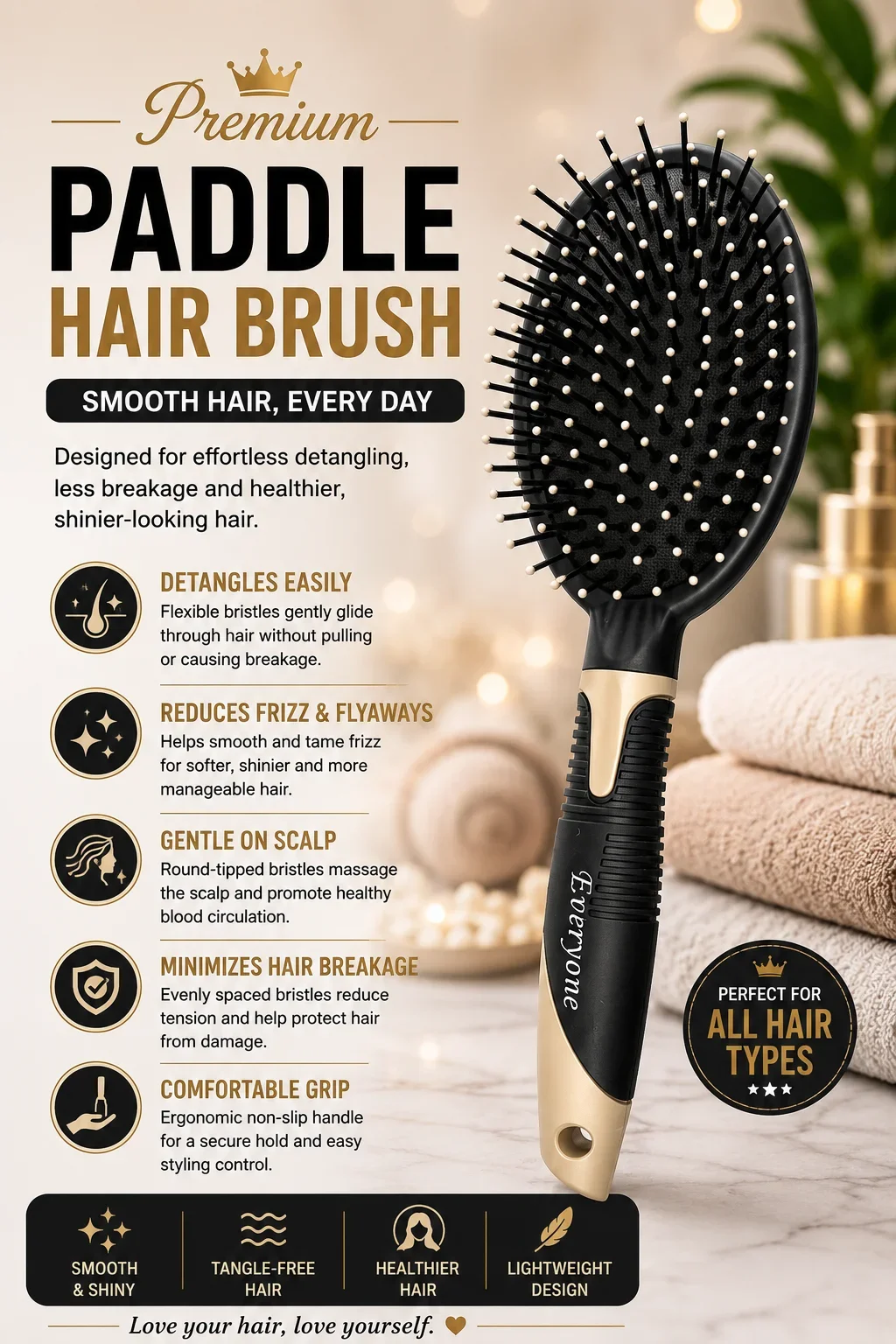 Premium Paddle Hair Brush – Gentle Detangling & Anti-Frizz Styling Brush