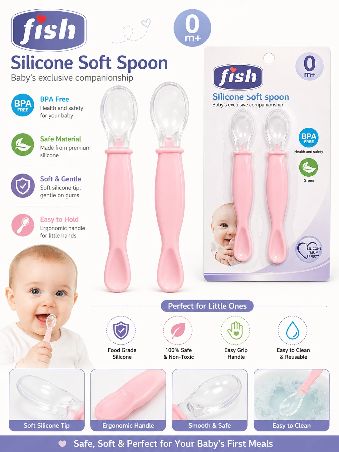 Fish Silicone Soft Baby Spoon Set (2 Pieces) | BPA-Free | 0+ Months Feeding Spoons
