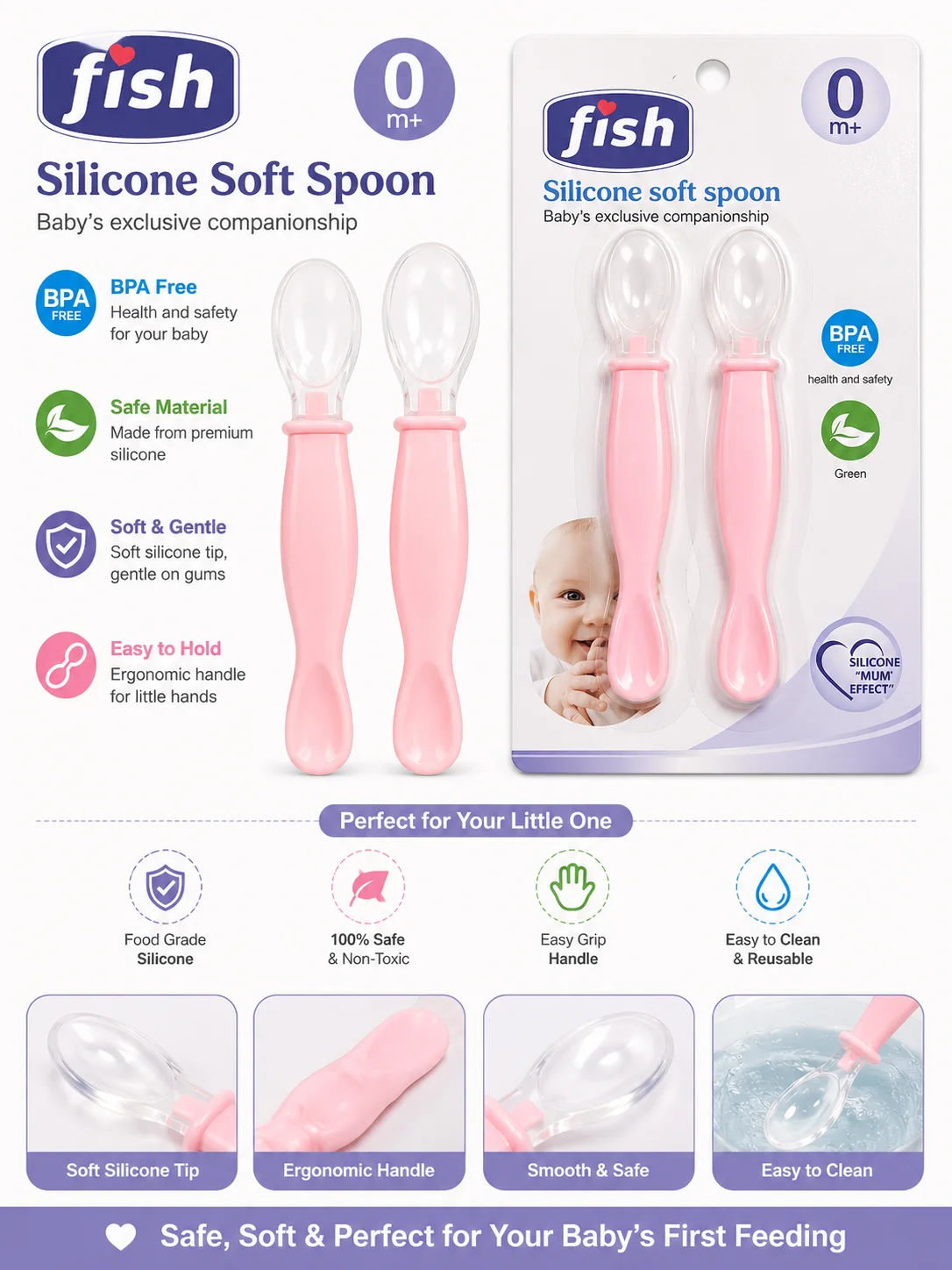 Fish Silicone Soft Baby Spoon Set (2 Pieces) | BPA-Free | 0+ Months Feeding Spoons