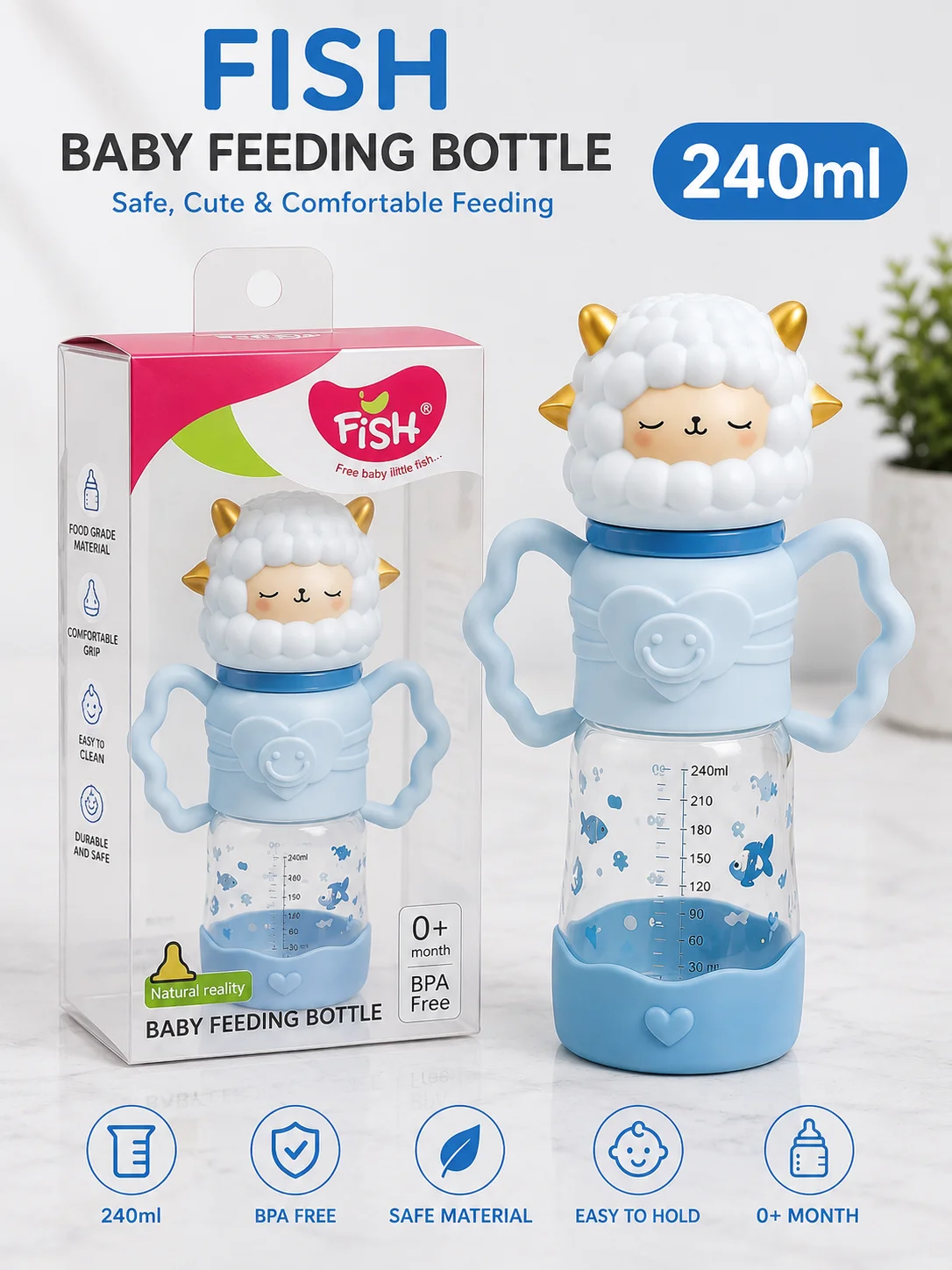 FISH Sheep Baby Feeding Bottle 240ml – BPA Free Cartoon Handle Feeder for Babies