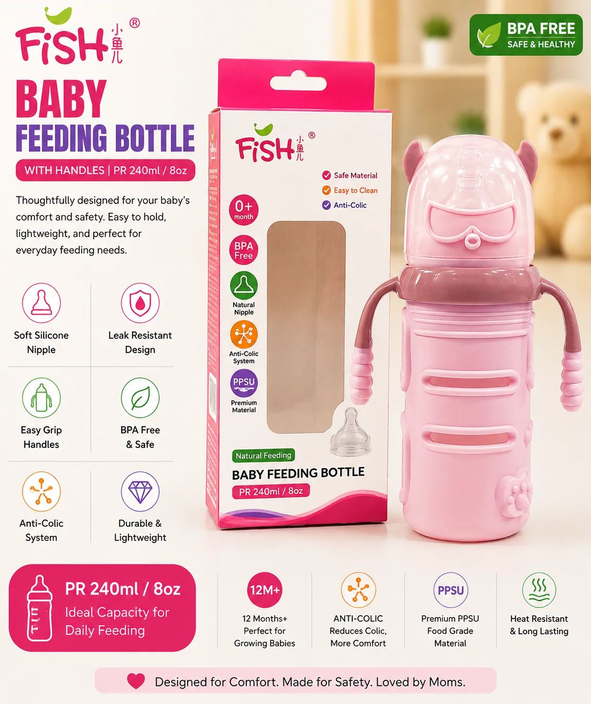 FISH Premium Baby Feeding Bottle with Handles – BPA-Free Anti-Colic Feeding Bottle