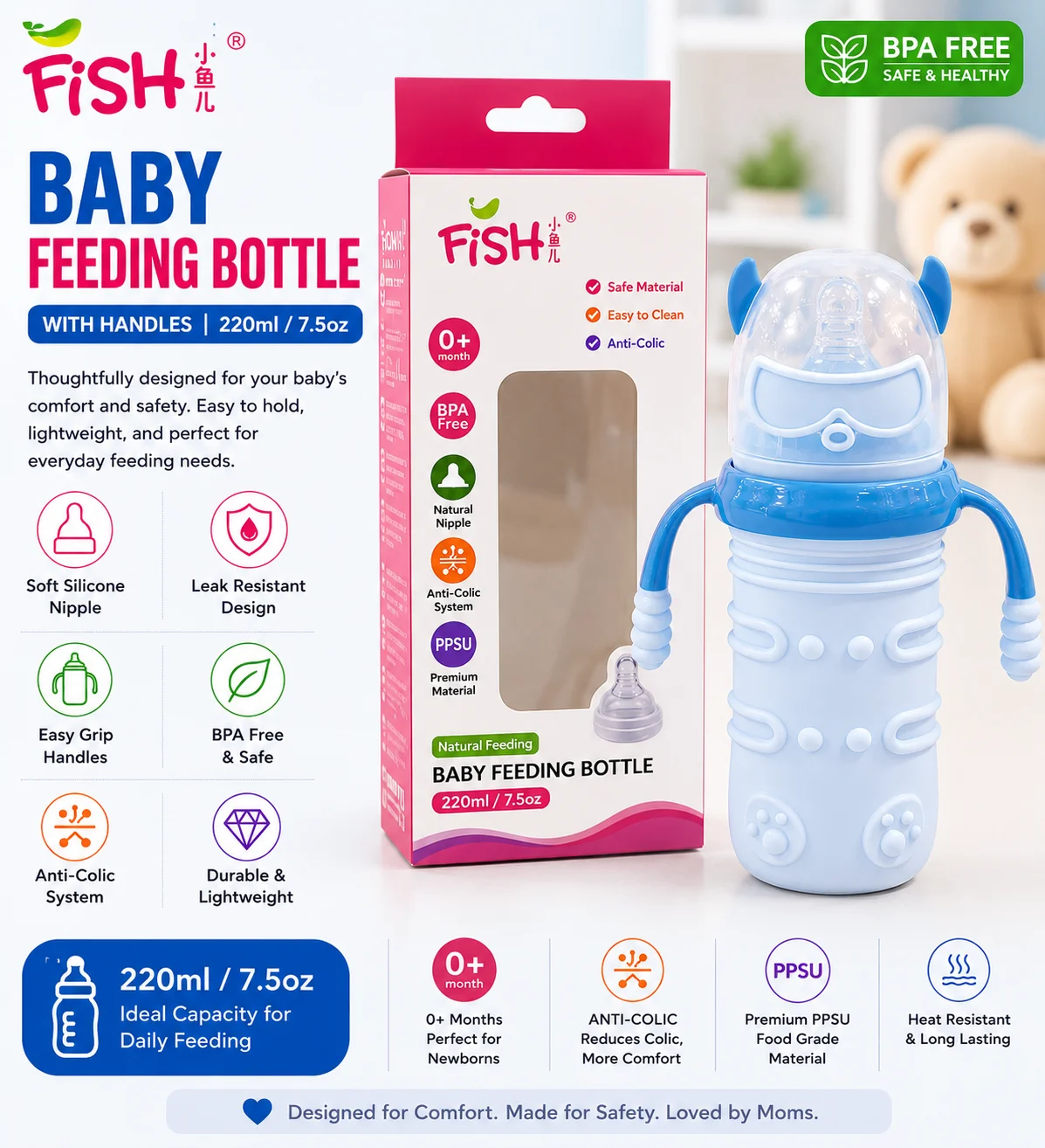 FISH Premium Baby Feeding Bottle with Handles – BPA-Free Anti-Colic Feeding Bottle