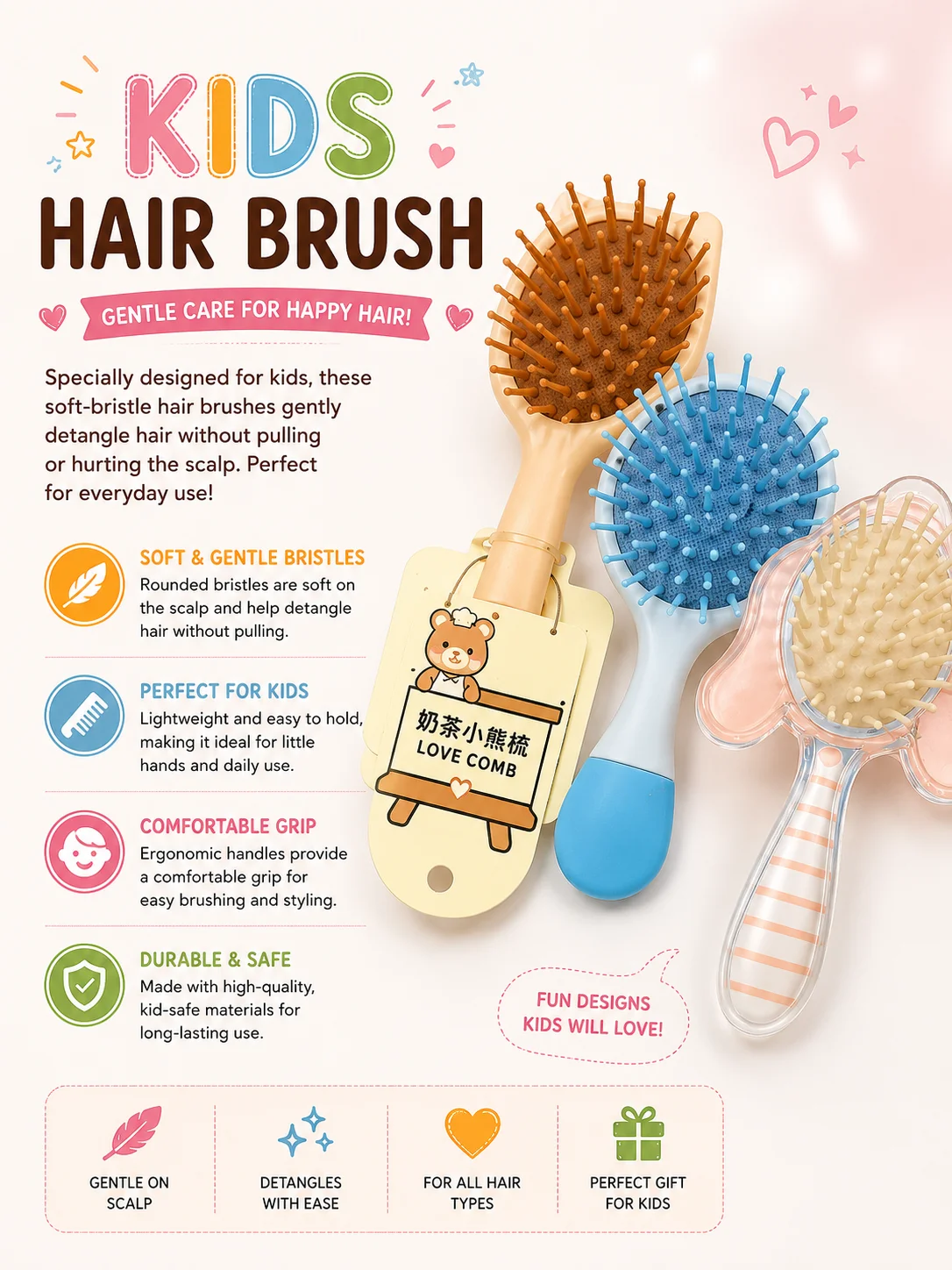 Kids Soft Bristle Hair Brush 8886  – Cute Detangling Brushes for Children