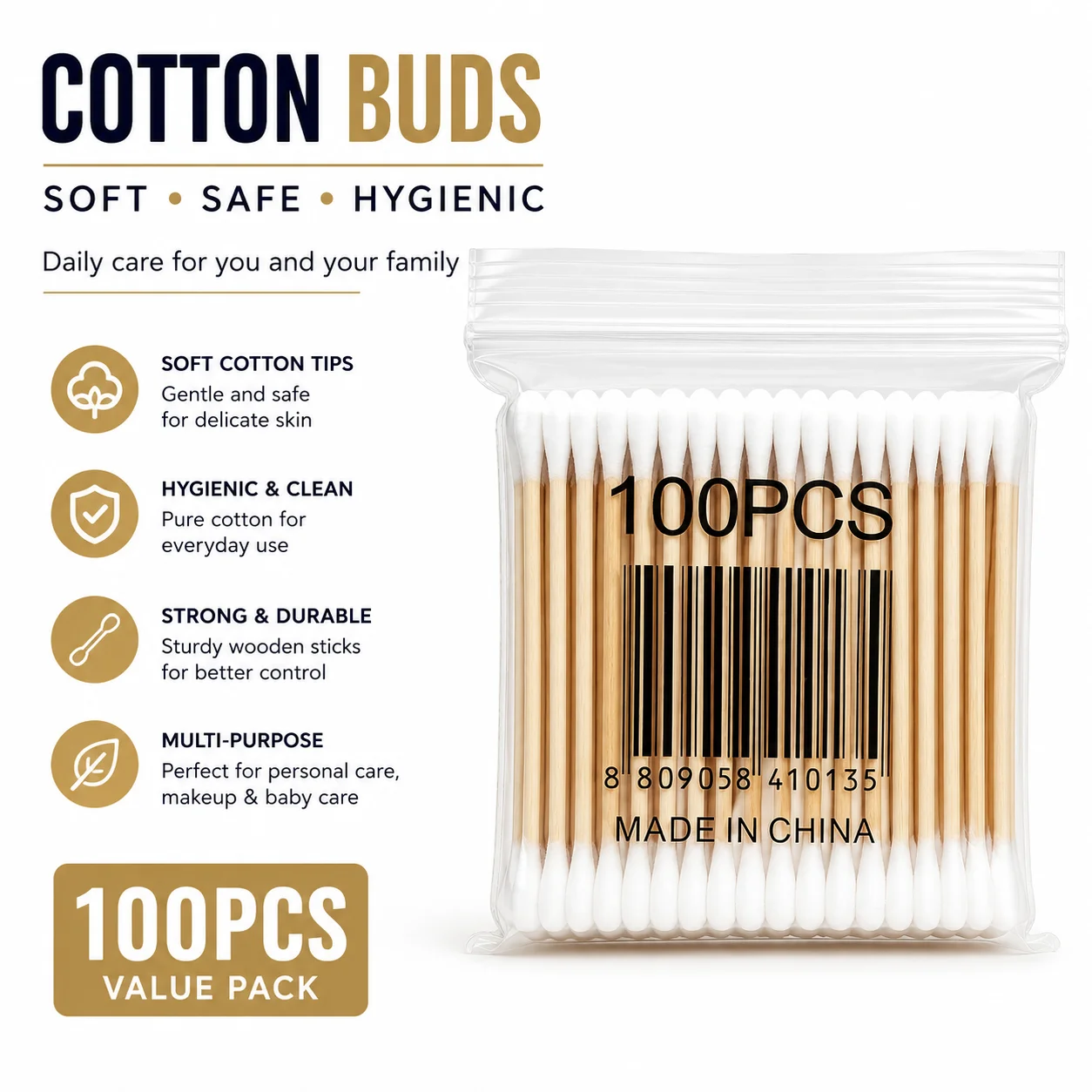 100PCS Premium Cotton Buds – Soft & Hygienic Daily Care