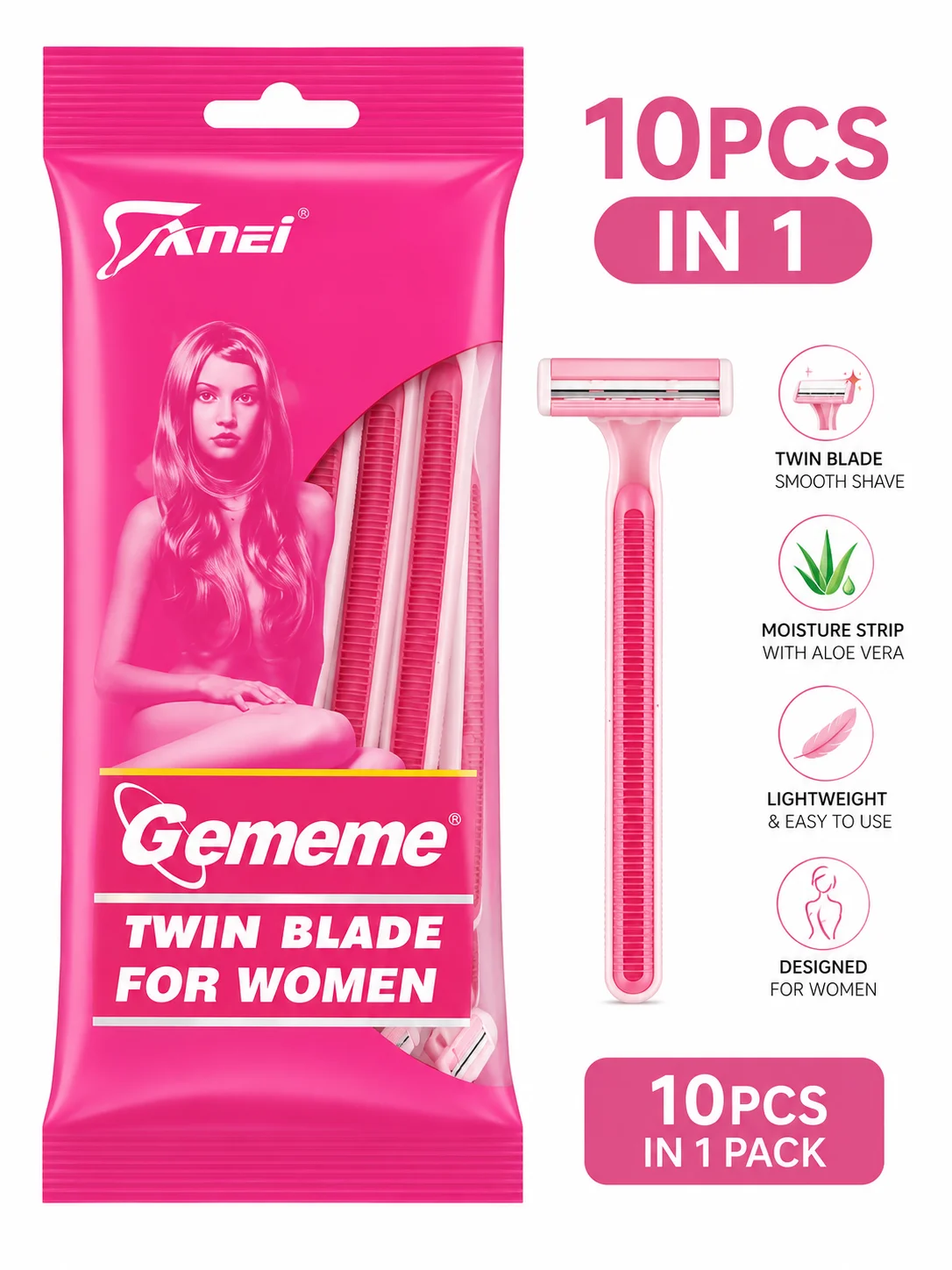 Gememe Twin Blade Disposable Razors for Women – 10 PCS in 1 Pack
