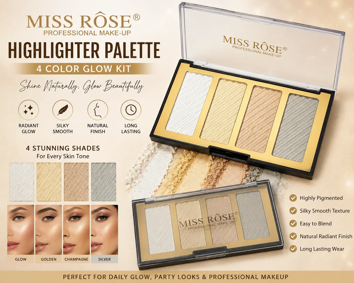 Miss Rose Professional Highlighter Palette – 4 Color Glow Kit
