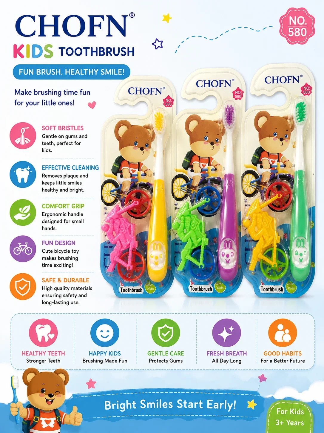 CHOFN Kids Toothbrush Set with Toy Bicycle – Ultra Soft Bristles