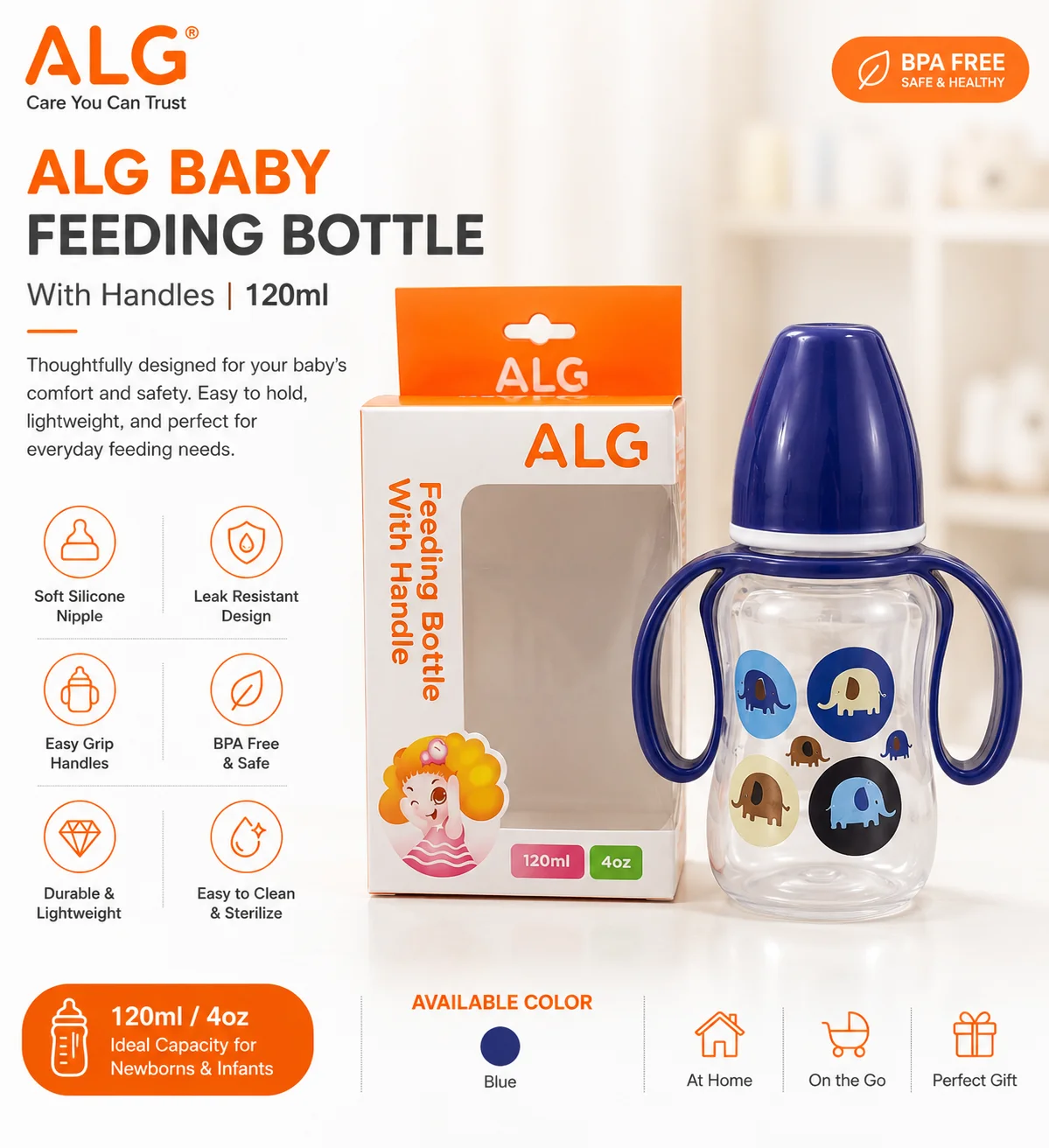 ALG Owl Baby Feeding Bottle with Handles – 120ml (4oz) BPA-Free Training Bottle