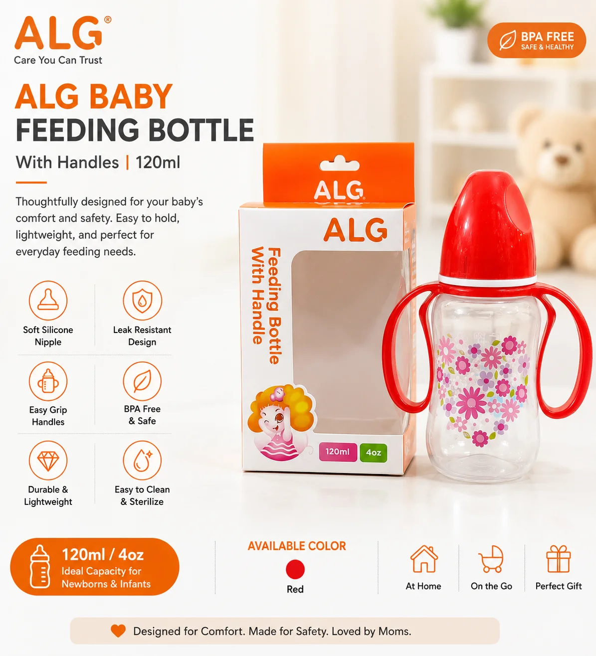 ALG Owl Baby Feeding Bottle with Handles – 120ml (4oz) BPA-Free Training Bottle