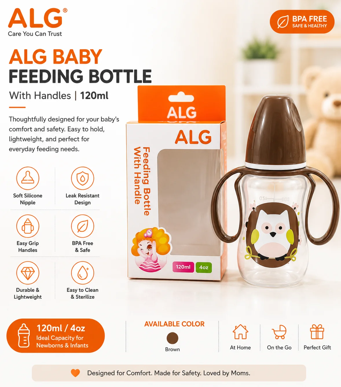 ALG Owl Baby Feeding Bottle with Handles – 120ml (4oz) BPA-Free Training Bottle