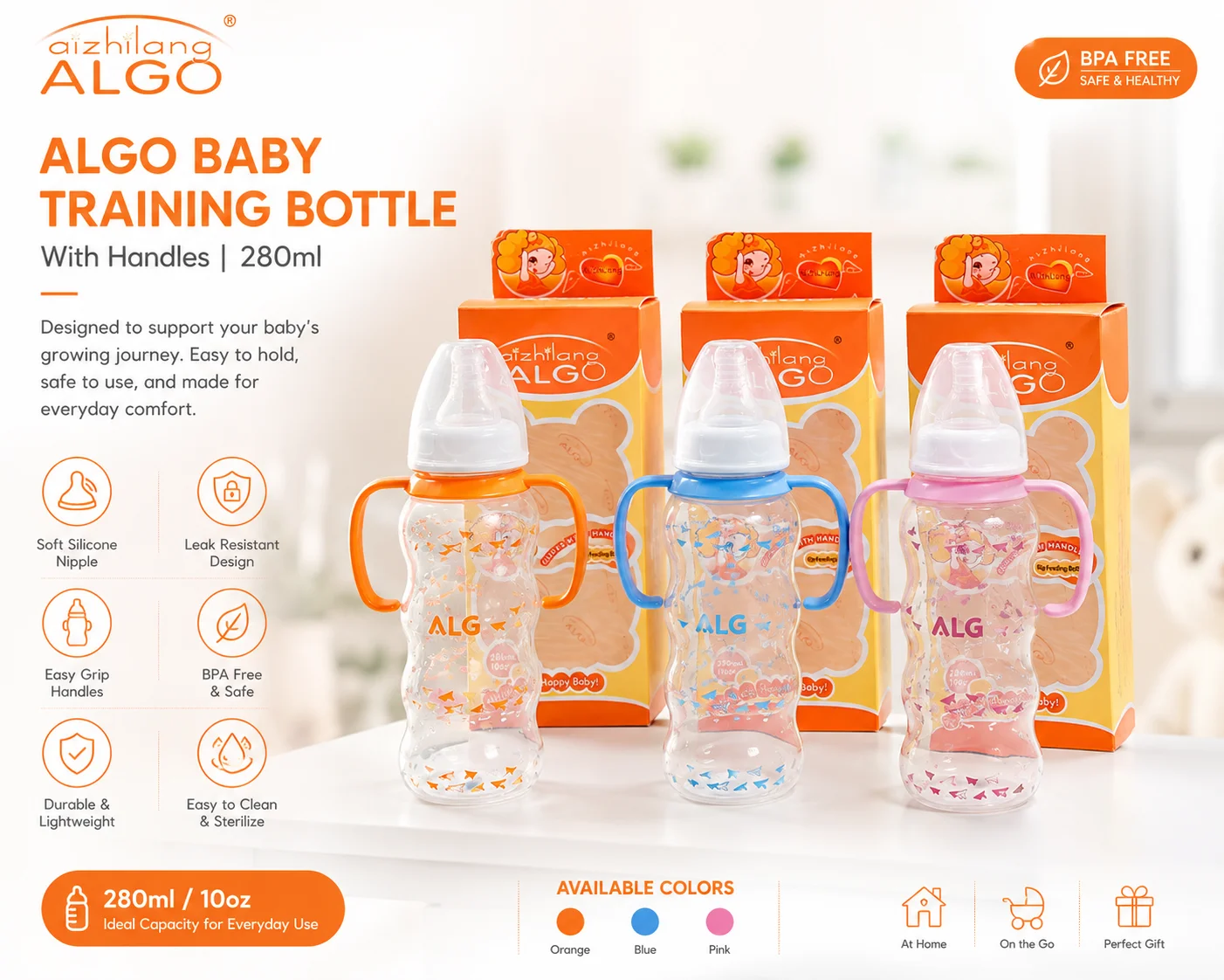 ALGO Baby Training Bottle with Handles – 280ml Spill-Resistant Feeding Bottle