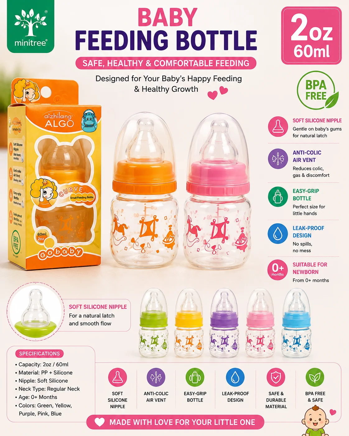 MiniTree 2oz / 60ml BPA-Free Baby Feeding Bottle