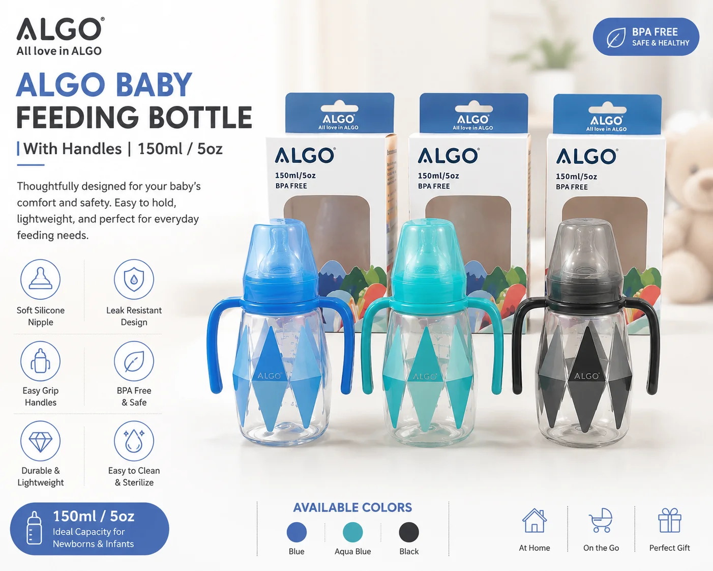 ALGO Baby Feeding Bottle with Handles – 150ml (5oz) BPA-Free Infant Training Bottle