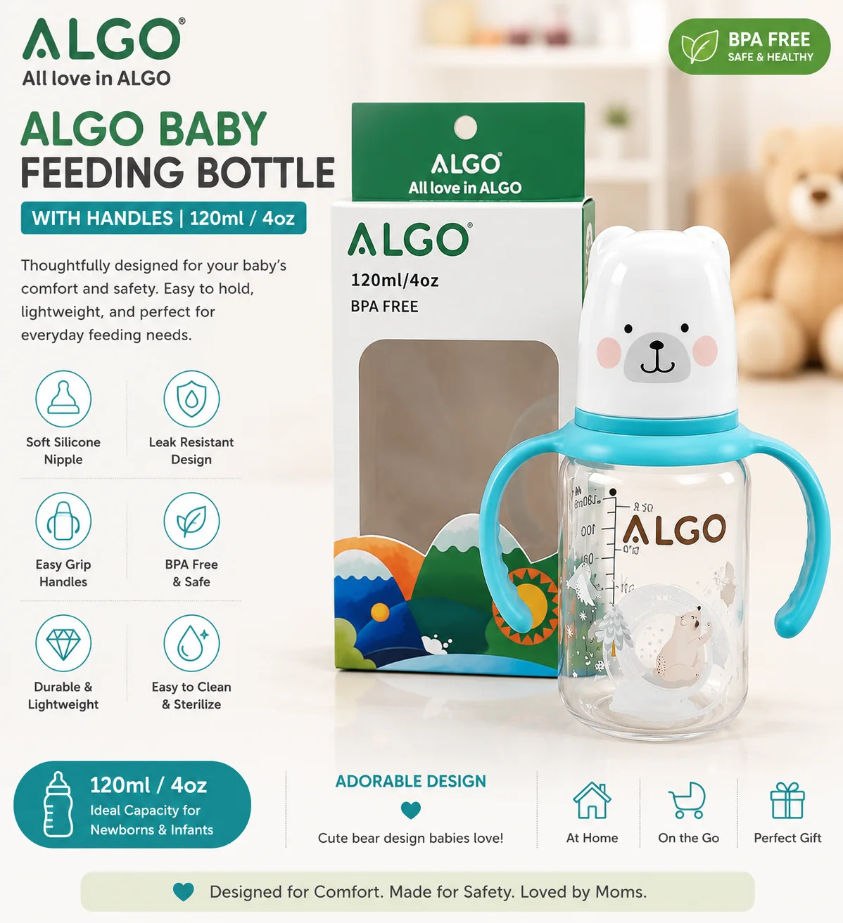 ALGO Bear Baby Feeding Bottle with Handles – 120ml (4oz) BPA-Free Training Bottle