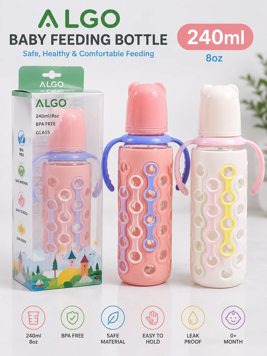 ALGO Baby Feeding Bottle 240ml (8oz) – BPA Free Glass Baby Bottle with Silicone Protective Sleeve