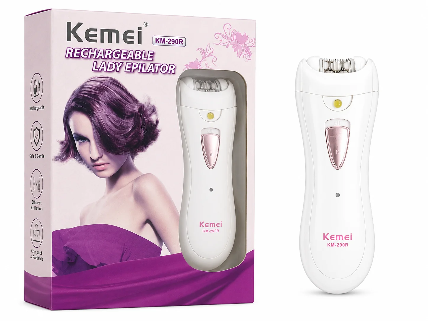 Kemei KM-290R Rechargeable Lady Epilator – Portable Hair Removal Machine for Women