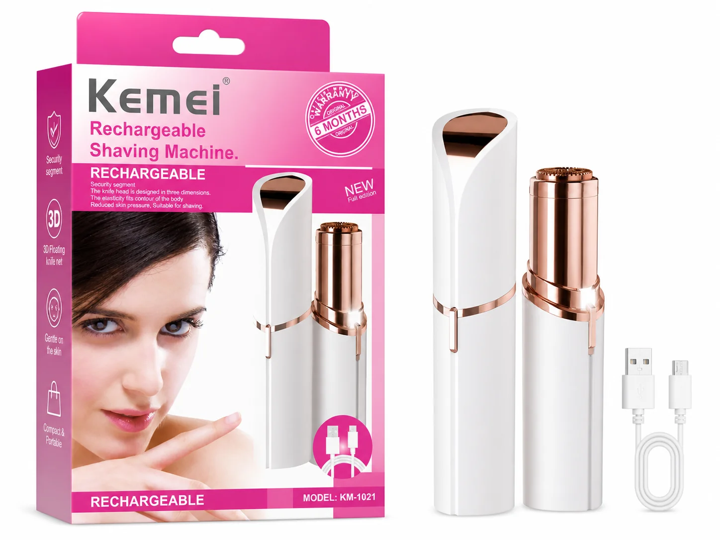 Kemei KM-1021 Rechargeable Women’s Facial Hair Remover – Portable Mini Shaving Machine