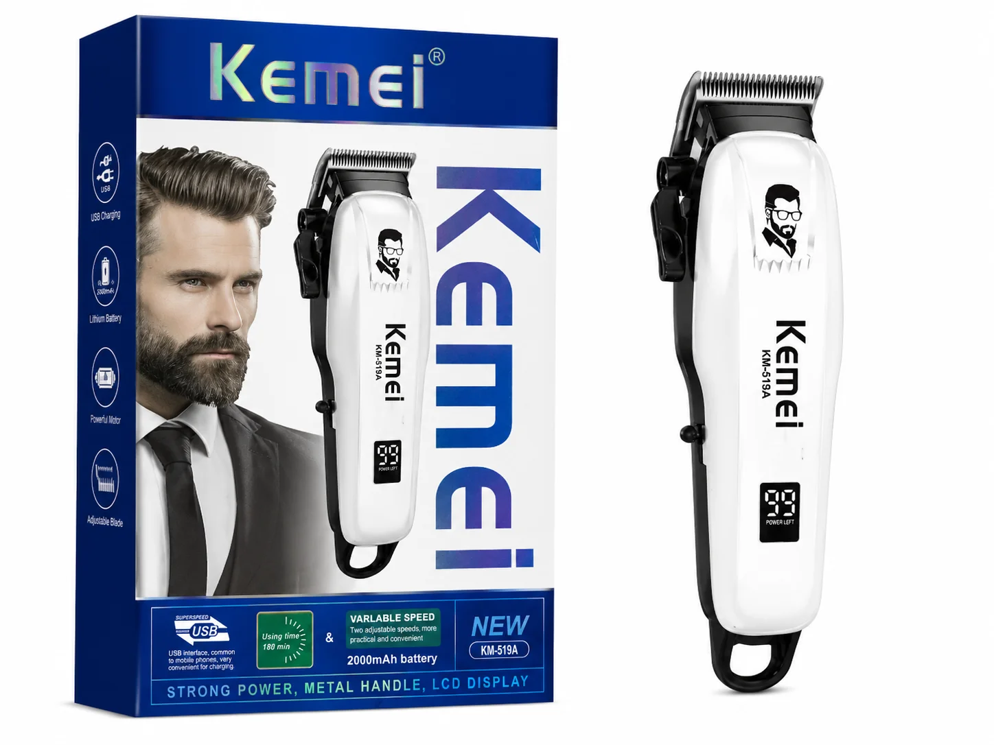 Kemei KM-519A Professional Hair Clipper – Rechargeable Beard & Hair Trimmer with LCD Display
