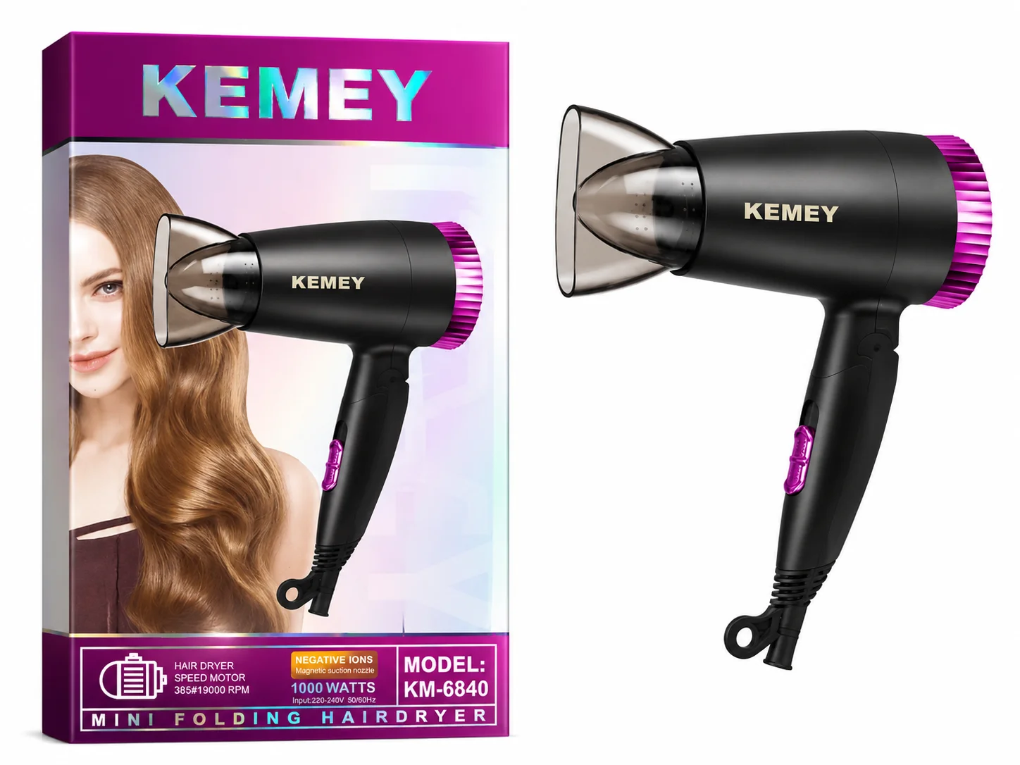 KEMEY KM-6840 Mini Folding Hair Dryer – 1000W Portable Hair Dryer