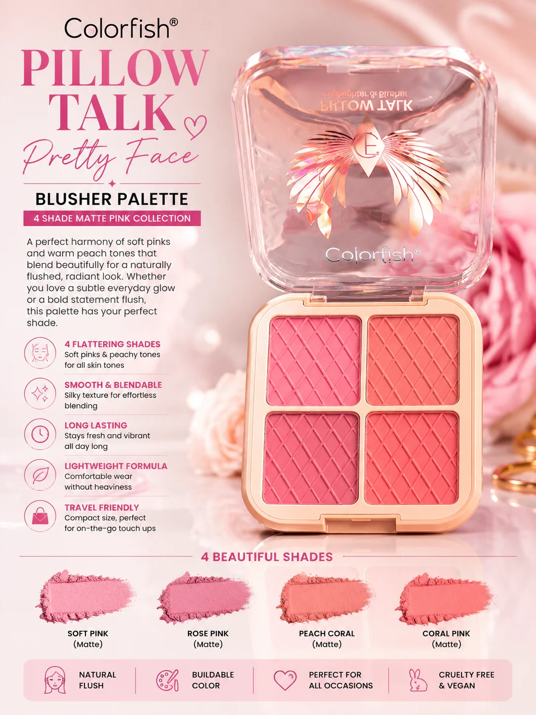 Colorfish Pillow Talk Pretty Face Blusher Palette – 4 Shade Matte Pink Blush Collection