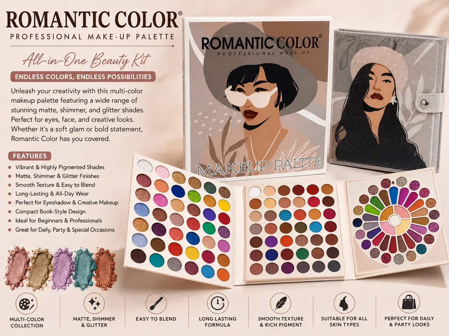 Romantic Color Professional Makeup Palette – Multi-Color Eyeshadow & Face Makeup Kit